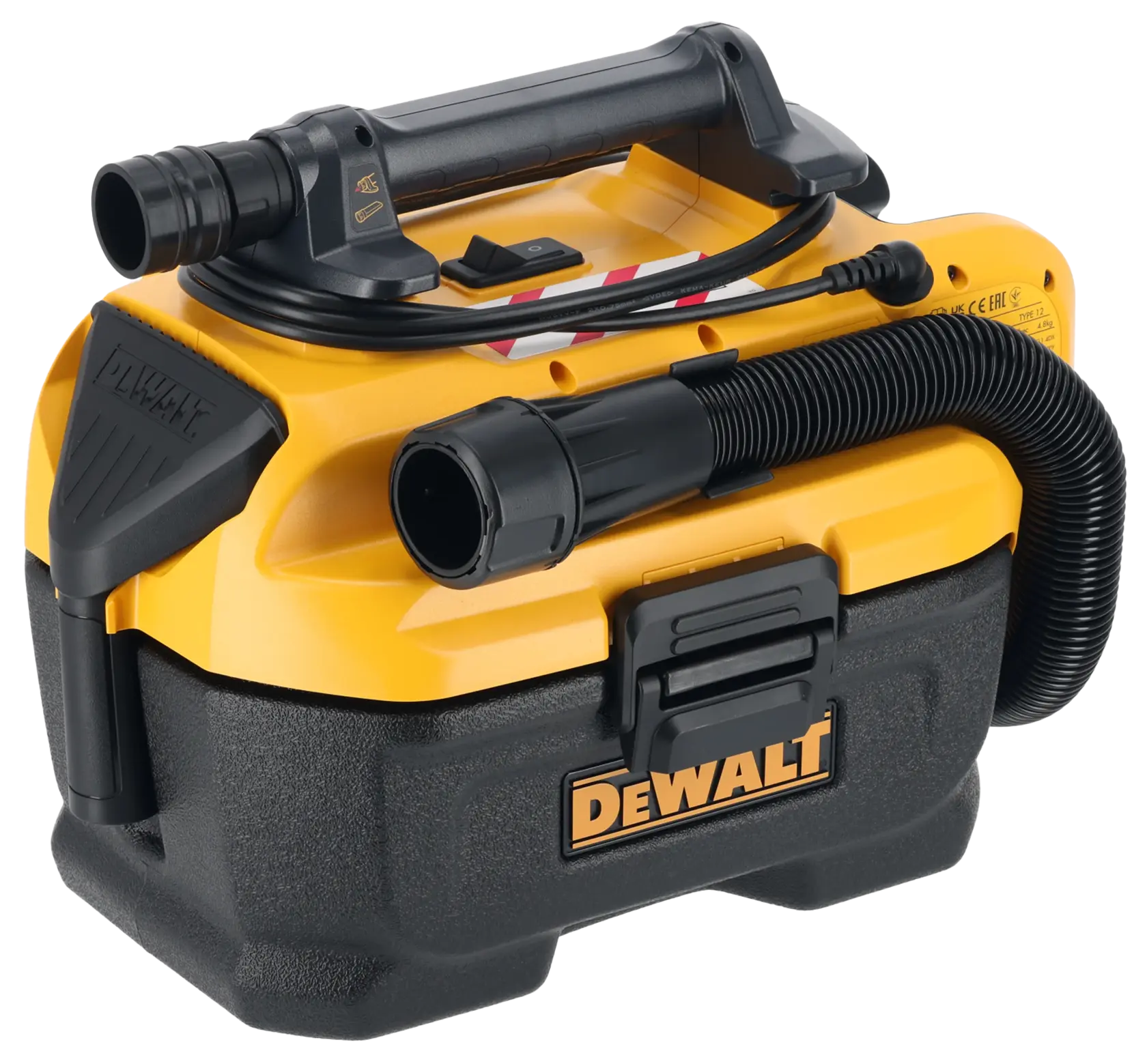Logo DEWALT centrato su sfondo bianco.