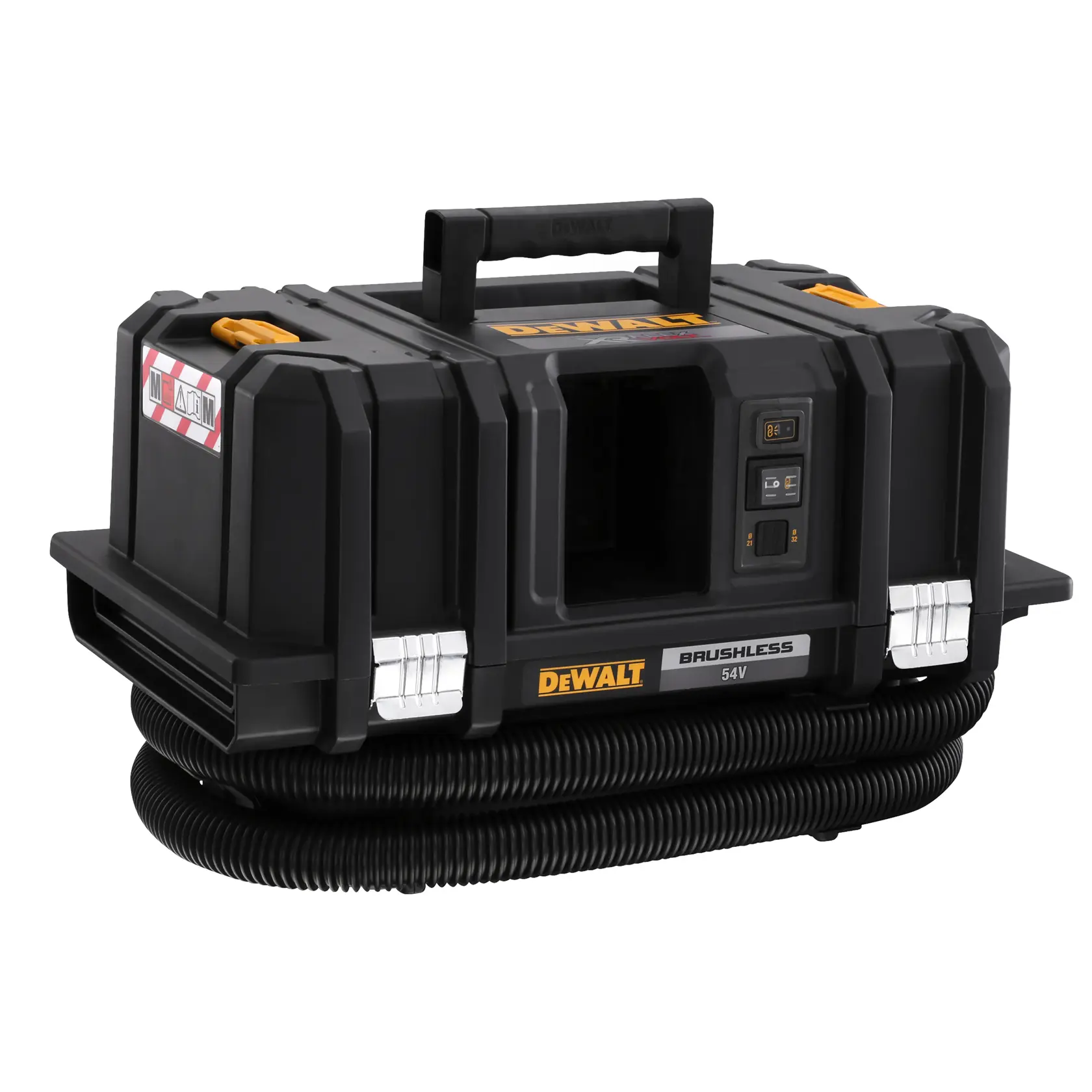 Aspirapolvere portatile DEWALT 54V brushless con custodia nera, manico e tubo flessibile.