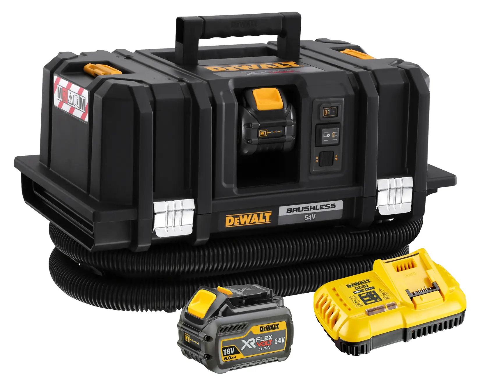 Un aspirapolvere portatile DEWALT 54V brushless di colore nero e giallo, mostrato con tubo flessibile, batteria rimovibile e caricabatterie posizionati davanti.