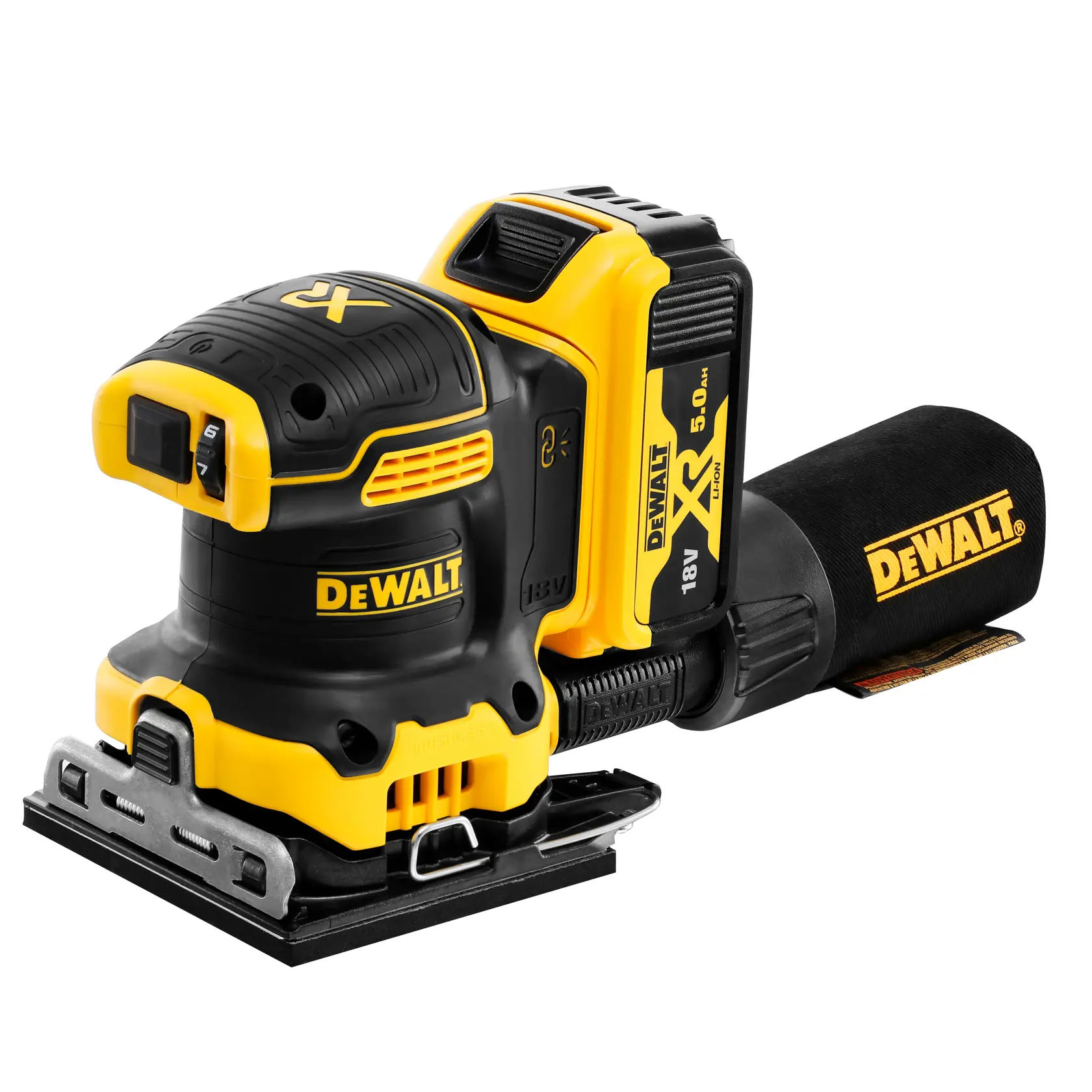 Levigatrice a batteria DEWALT DCW200P2 18V con sacchetto, nera e gialla su sfondo bianco.