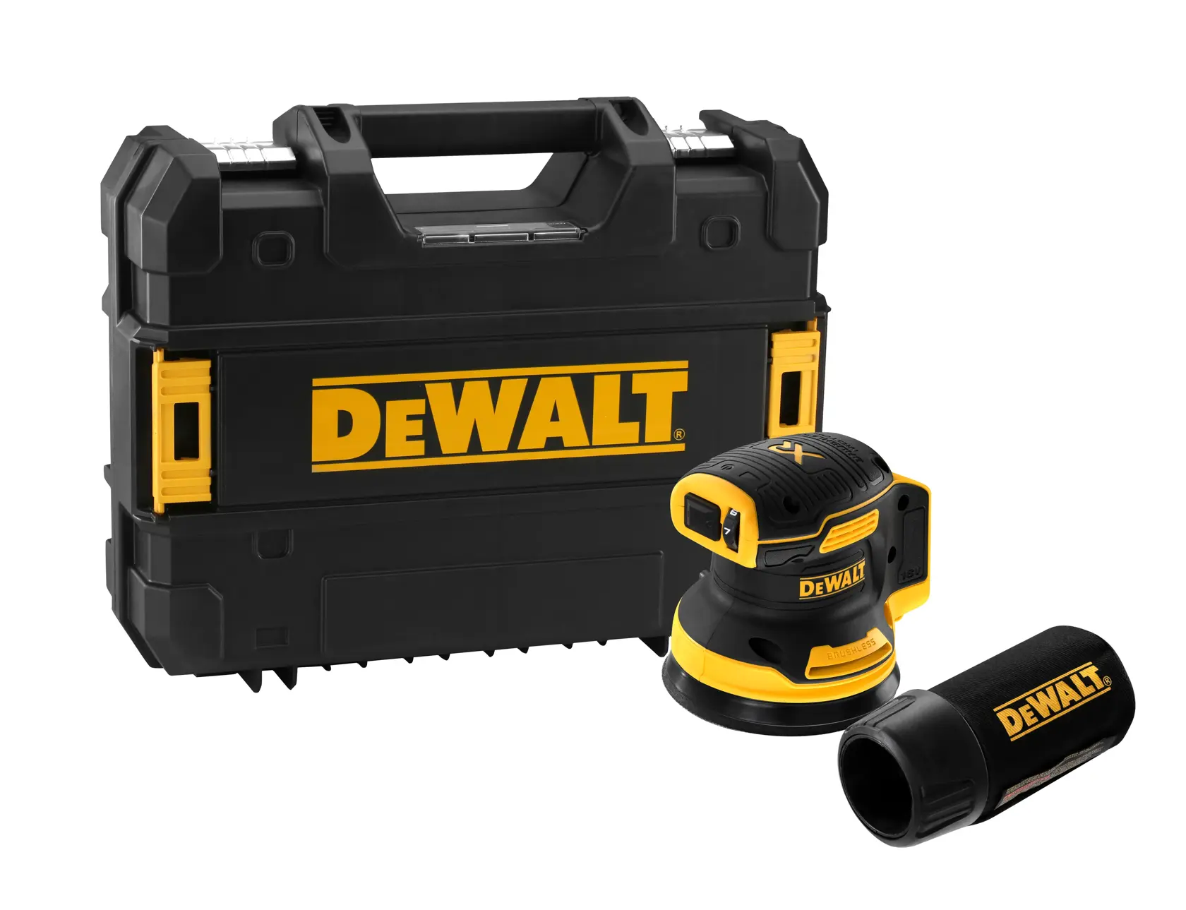Set di levigatrice rotorbitale a batteria DEWALT, composto da una levigatrice nera e gialla, accessorio per raccolta polvere e una robusta valigetta da trasporto DEWALT nera.