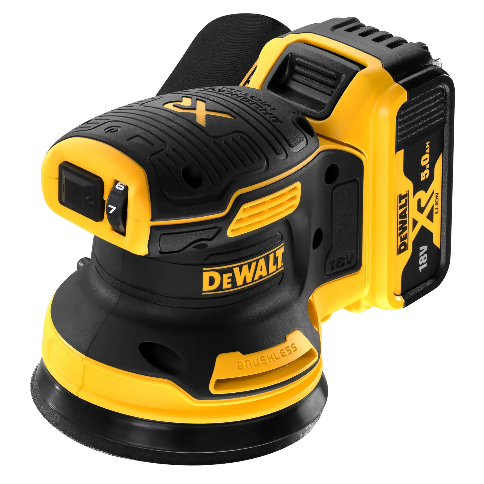 Foto della levigatrice orbitale a batteria DEWALT DCW210P2, gialla e nera, vista angolare su sfondo bianco.