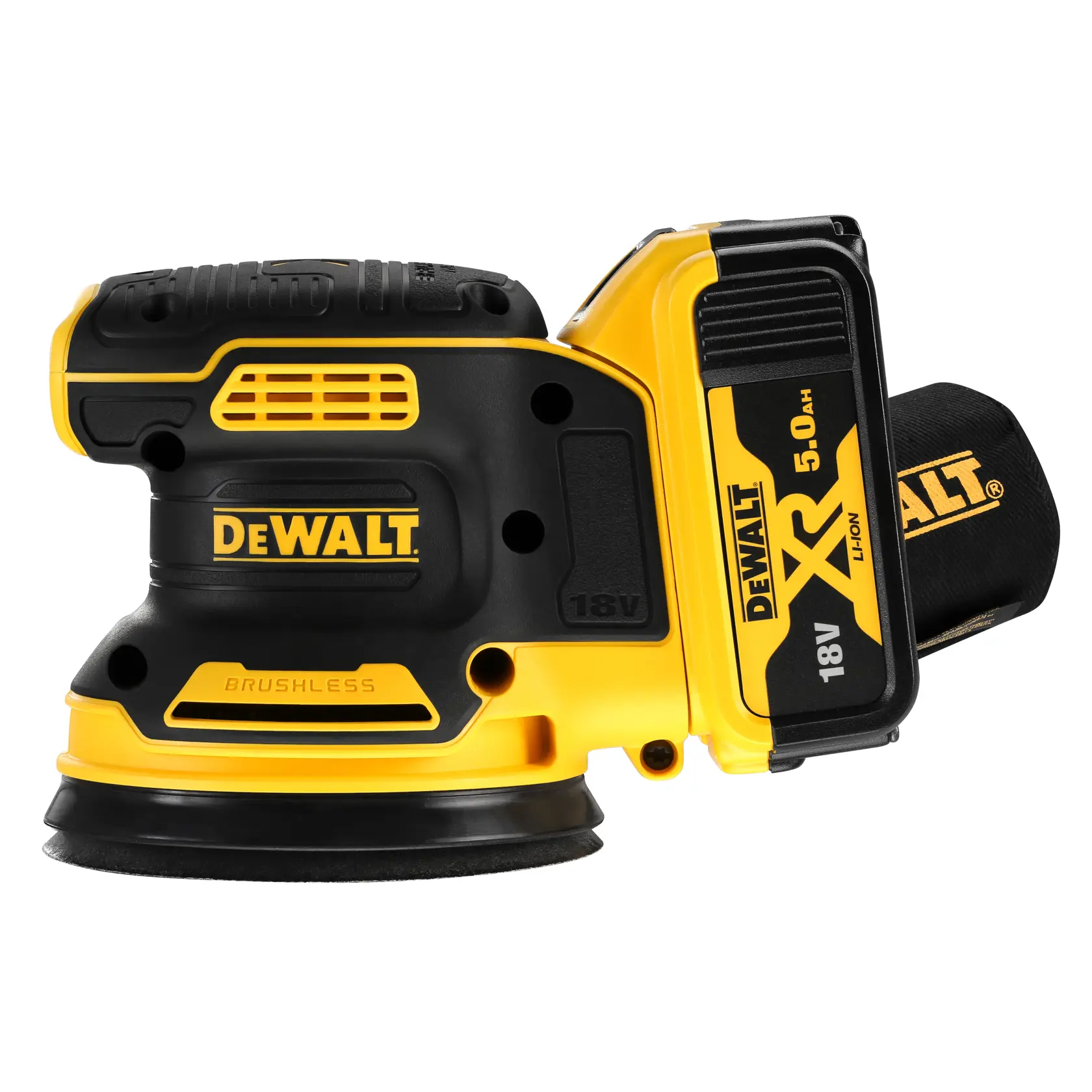 DEWALT cordless random orbital sander, model DCW210P2, shown with an 18V 5.0Ah XR Li-Ion battery, in black and yellow colors.