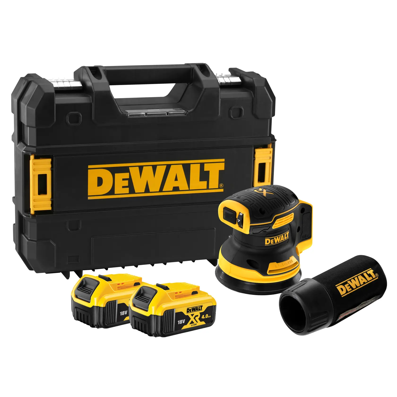 Logo DEWALT centrato su sfondo bianco.