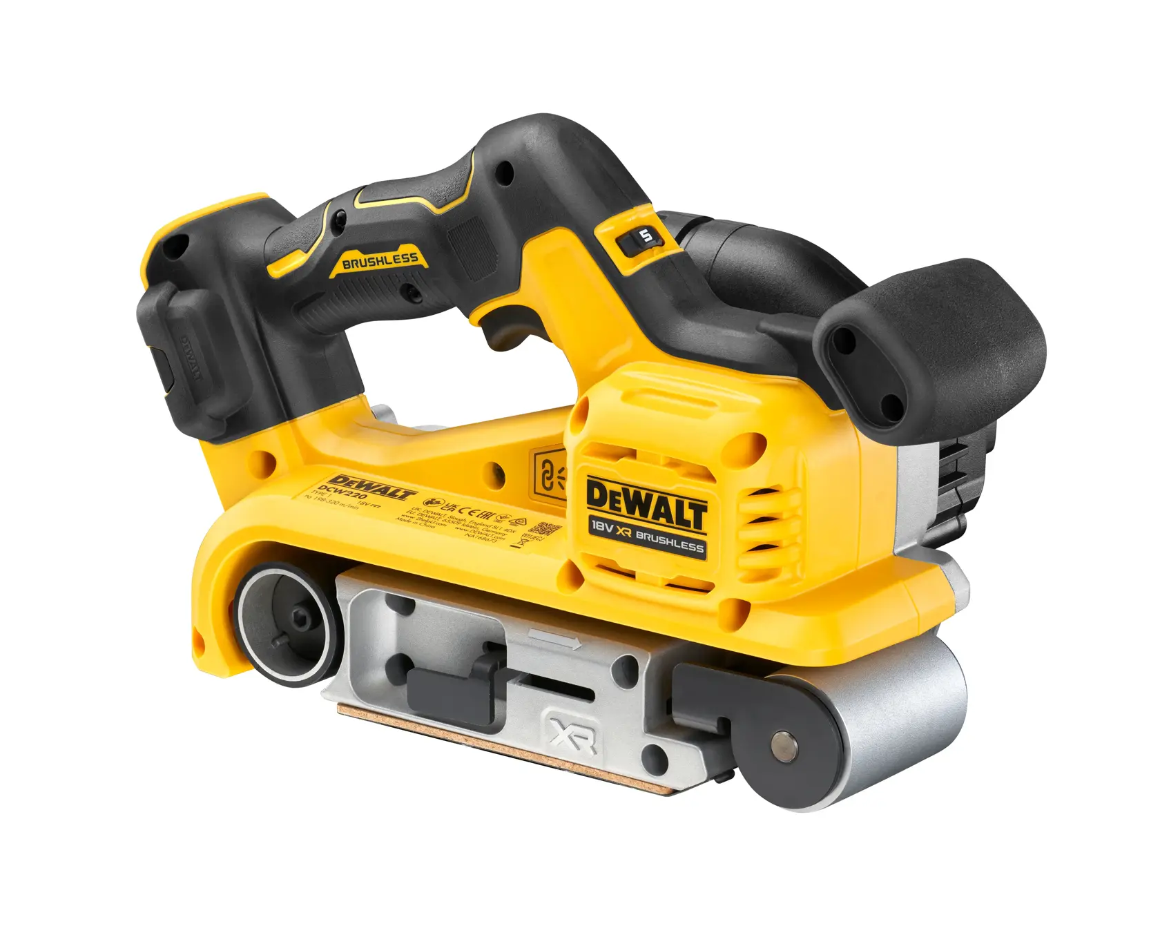 Levigatrice a nastro DEWALT 18V XR senza fili gialla e nera, manico ergonomico, su sfondo bianco.