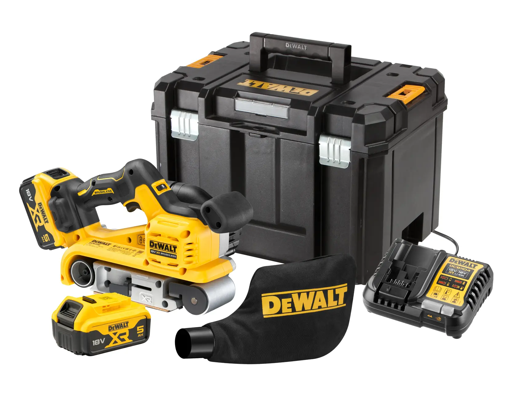 Kit levigatrice a nastro DEWALT senza fili con batteria, caricatore, sacco e box.