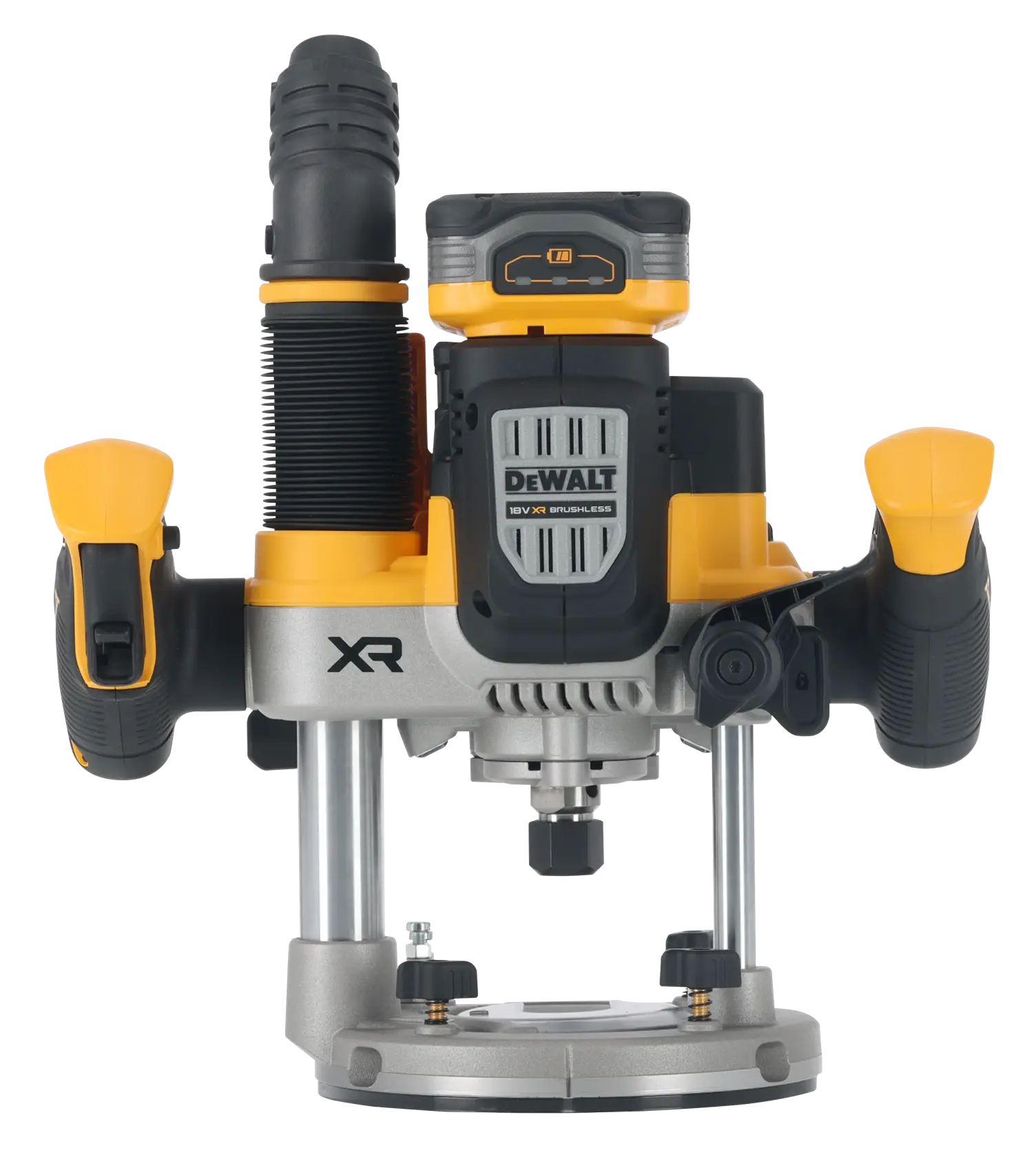 Fresatrice DEWALT XR cordless con due manici, argento e gialla, vista frontale su sfondo bianco.