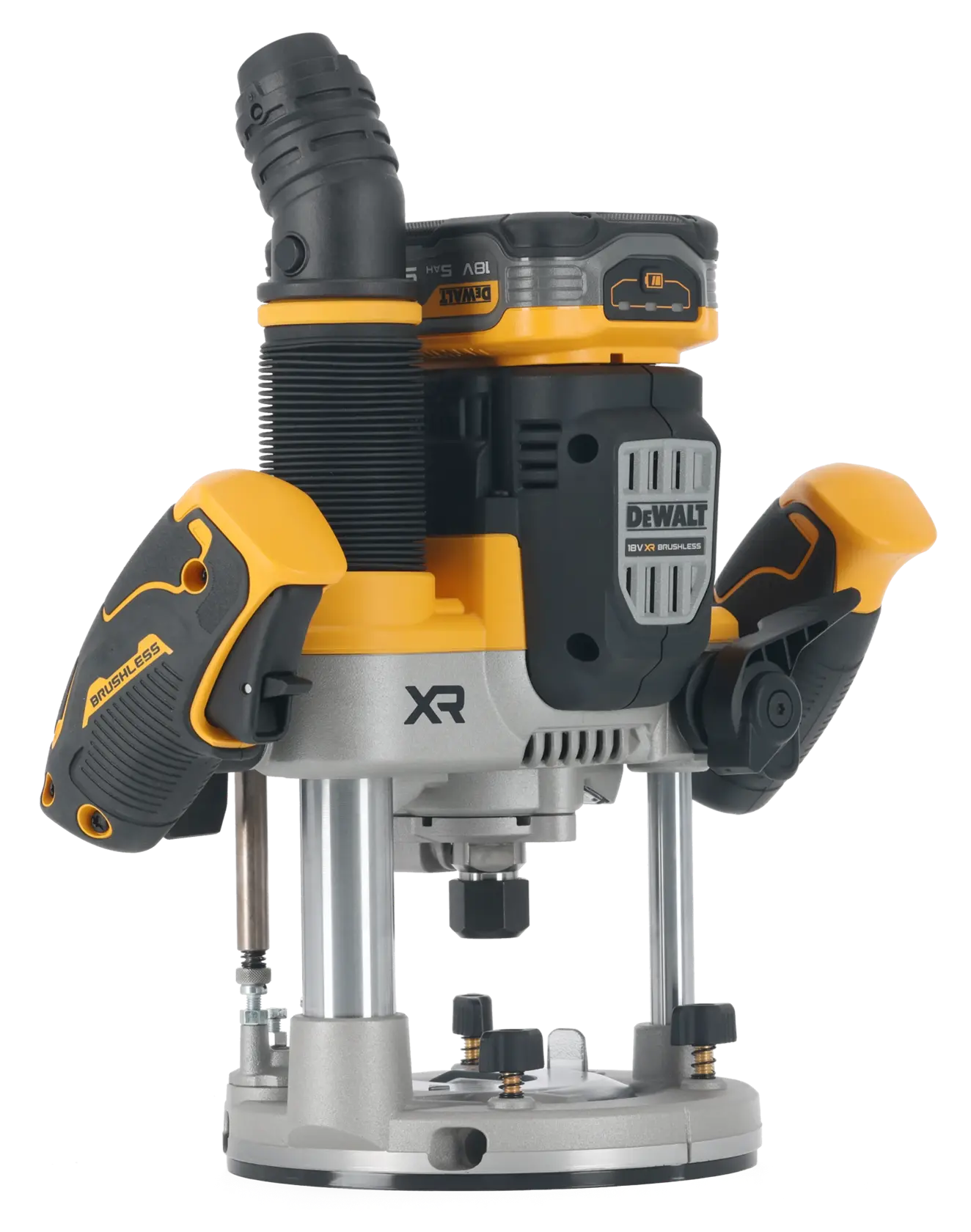 Fresatrice a immersione DEWALT XR senza fili, motore brushless, manici ergonomici e attacco aspirazione.