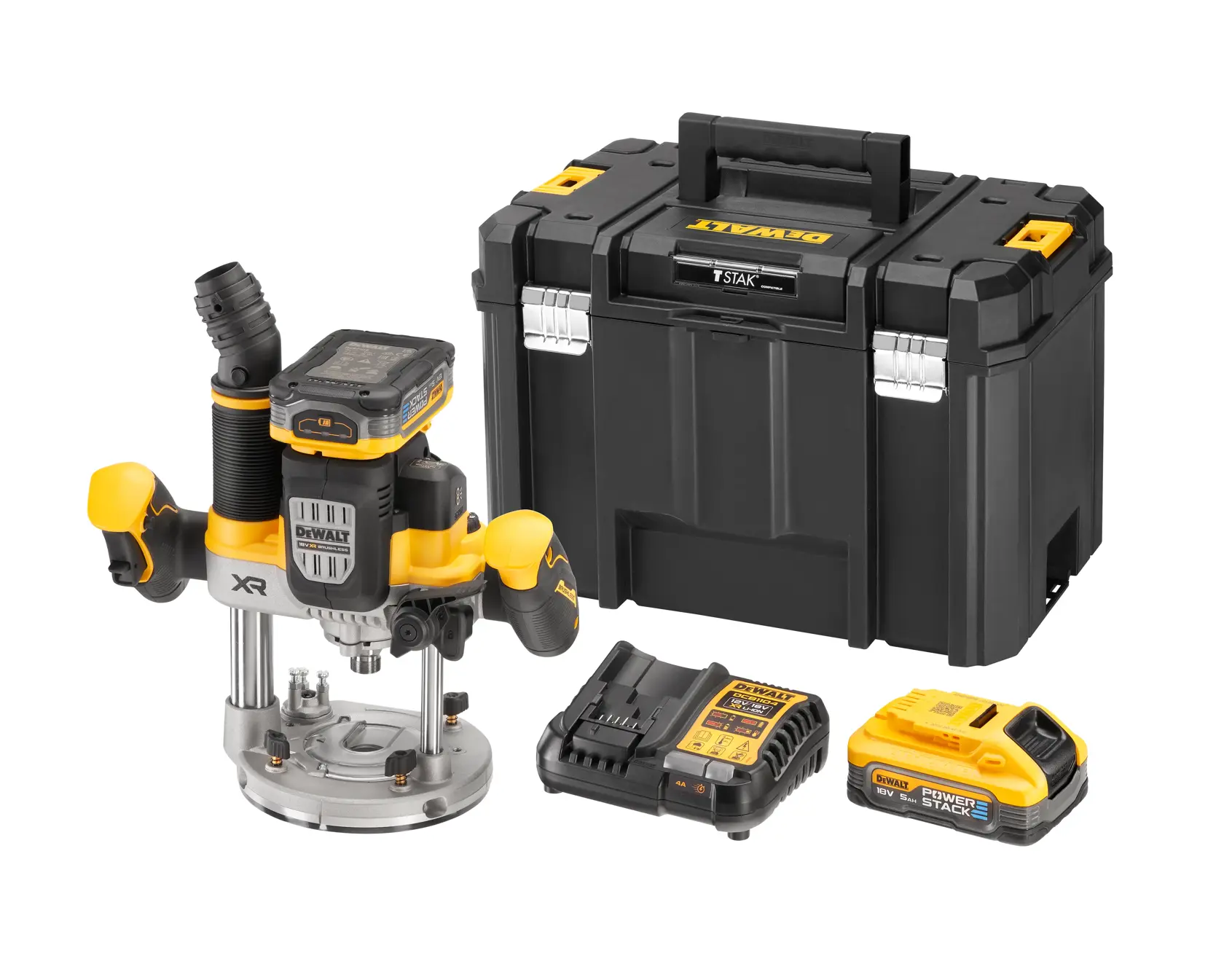Kit fresatrice DEWALT con fresatrice, caricabatterie, batteria e valigetta nera, tutti visibili su sfondo bianco.