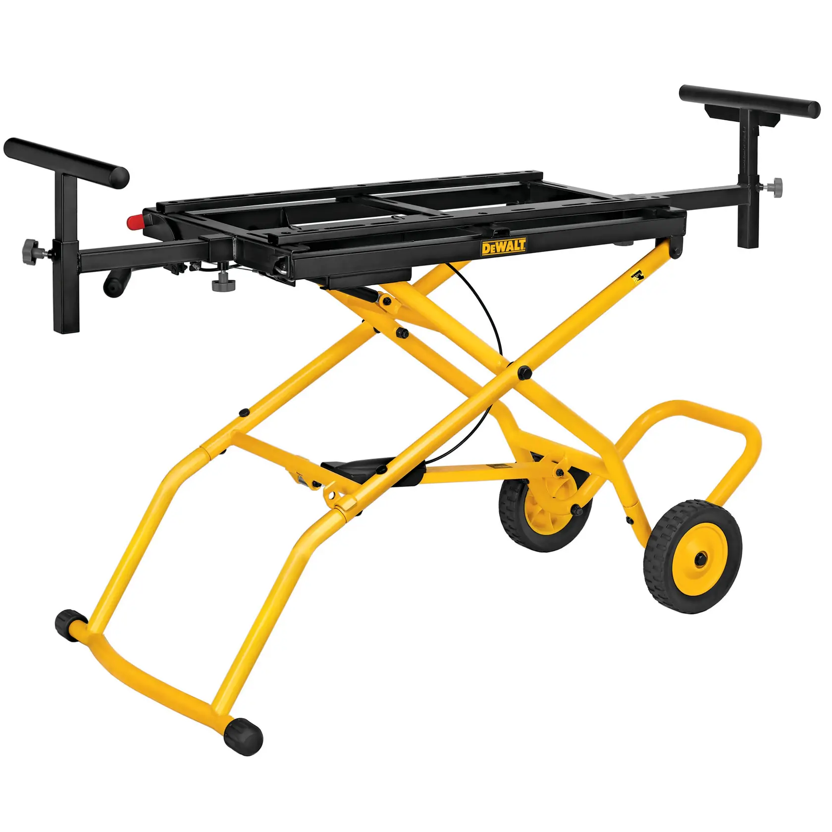 Cavalletto DEWALT giallo con bracci regolabili, pensato per sostenere e montare utensili elettrici.