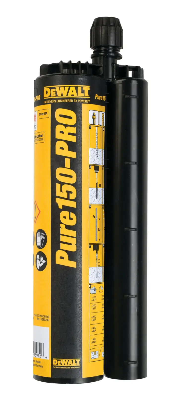 Cartuccia adesiva DEWALT Pure150-PRO per uso edilizio, con etichetta gialla e nera e istruzioni per l'applicazione.