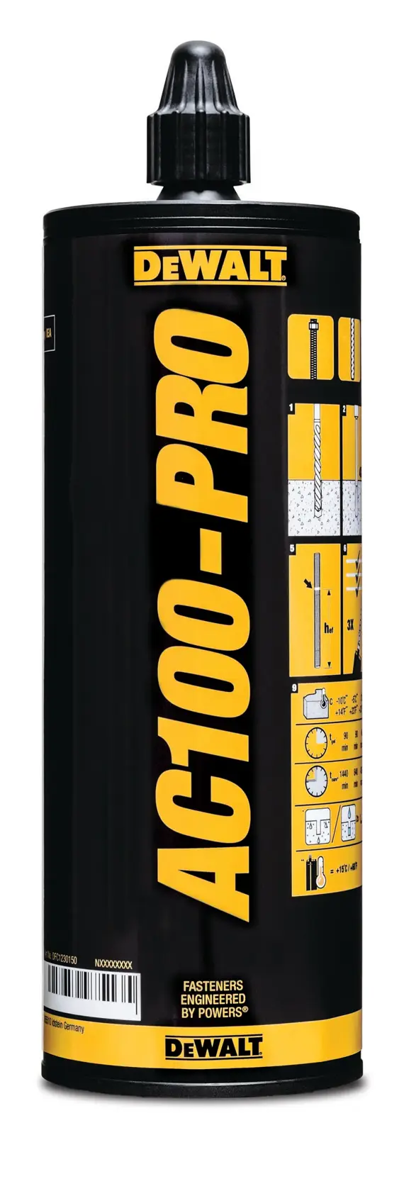 Cartuccia nera e gialla di adesivo chimico per ancoraggi DEWALT AC100-PRO con tappo nero, logo DEWALT e istruzioni per l’uso stampate sull’etichetta.