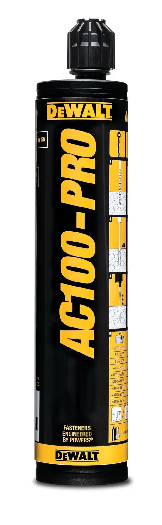Una cartuccia di adesivo per costruzione DEWALT AC100-PRO, di colore nero e giallo, con tappo in plastica sulla parte superiore. L'etichetta mostra il marchio DEWALT e i dettagli del prodotto.