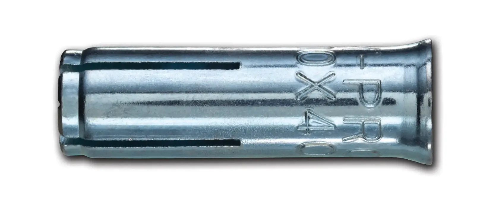 Tassello metallico per calcestruzzo, forma cilindrica con incisioni, isolato su sfondo bianco.
