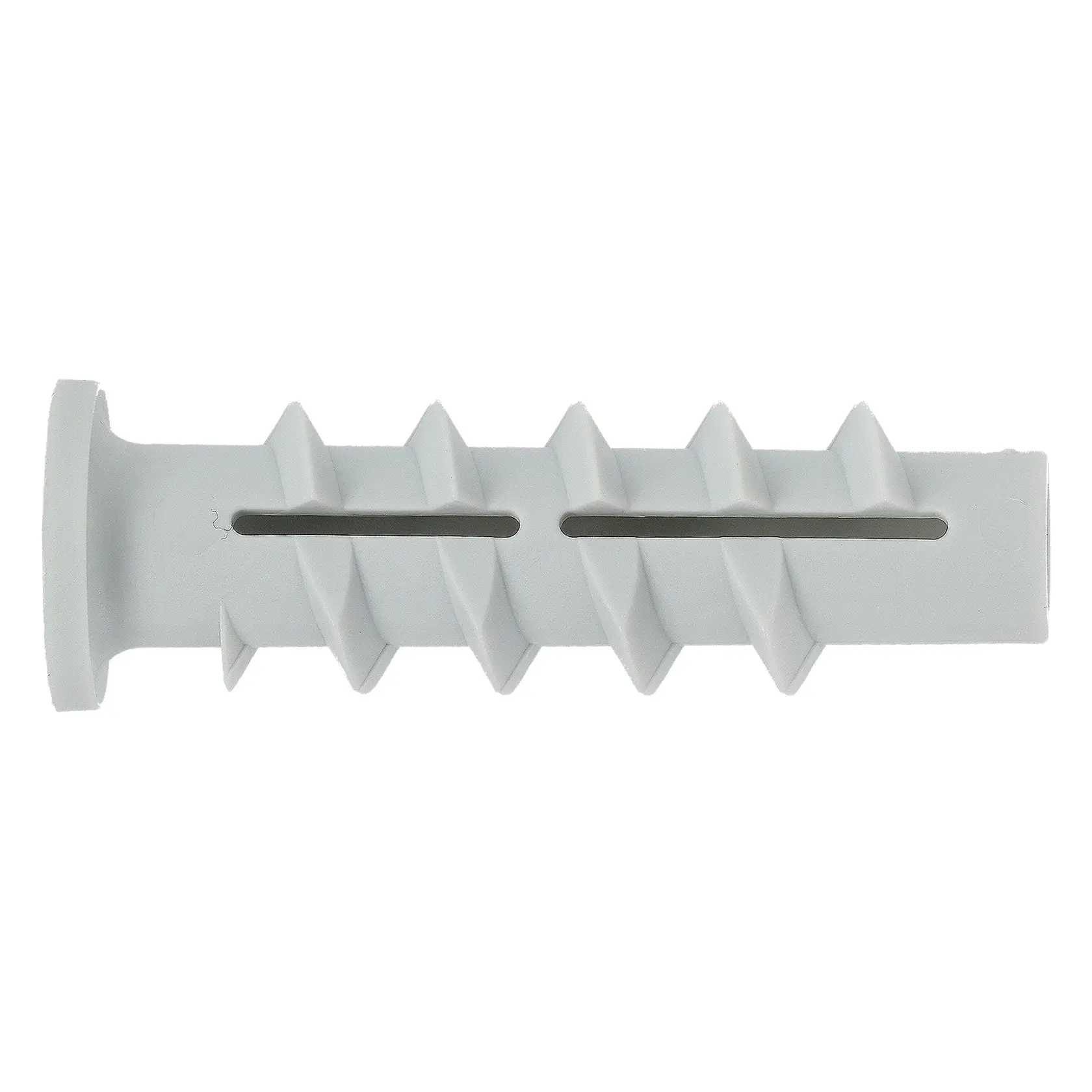 Tassello bianco in plastica, scanalato, per fissare viti in muratura o intonaco.
