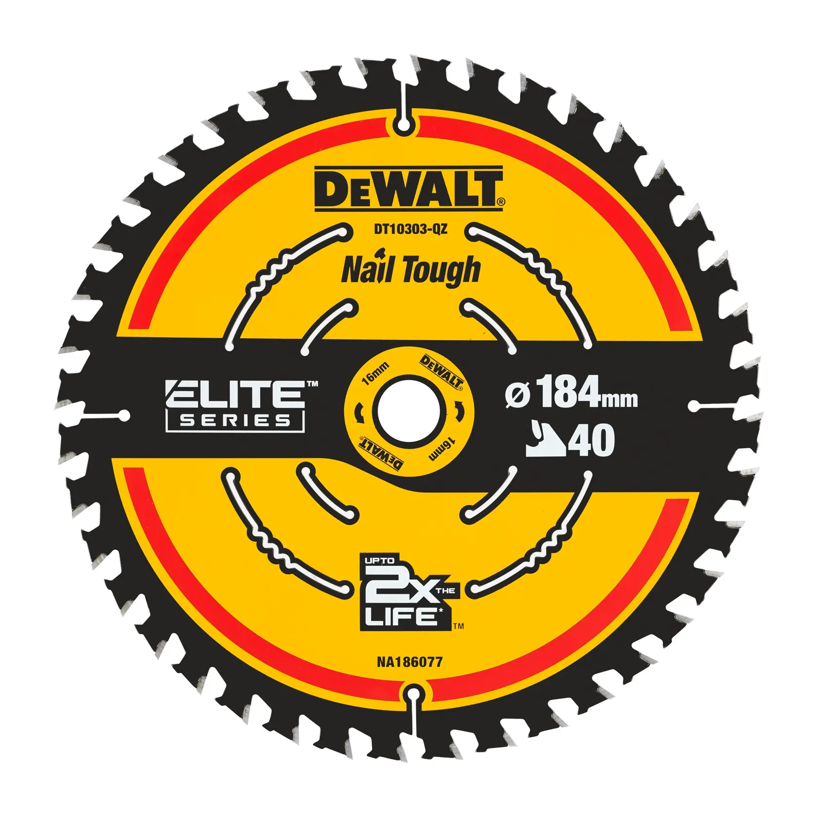 Lama circolare DEWALT DT10303, Elite Series, Nail Tough, 184mm, 40 denti, gialla e nera.