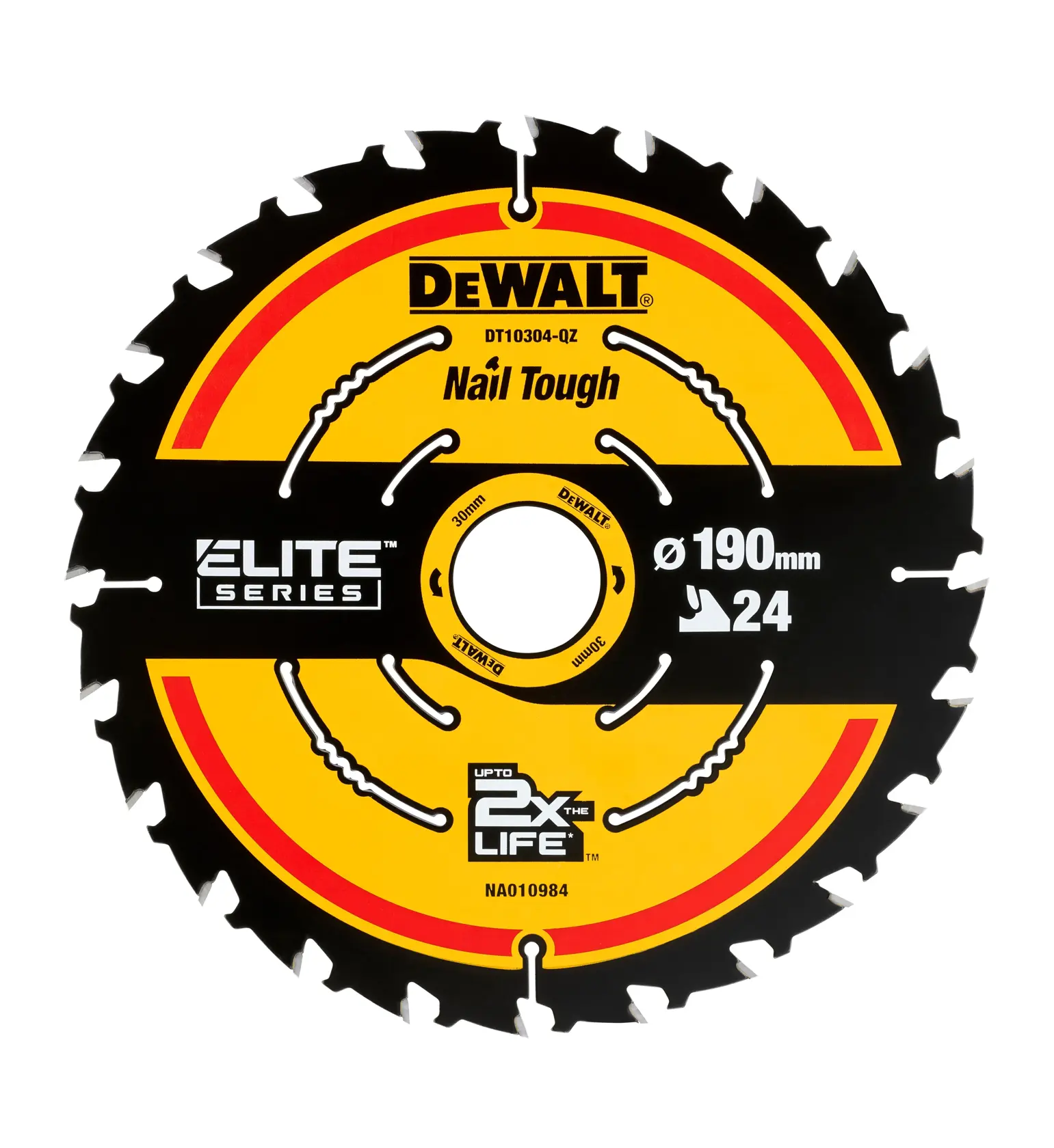 Lama DEWALT 190mm con 24 denti, Elite Series, Nail Tough. Design circolare nero e giallo.