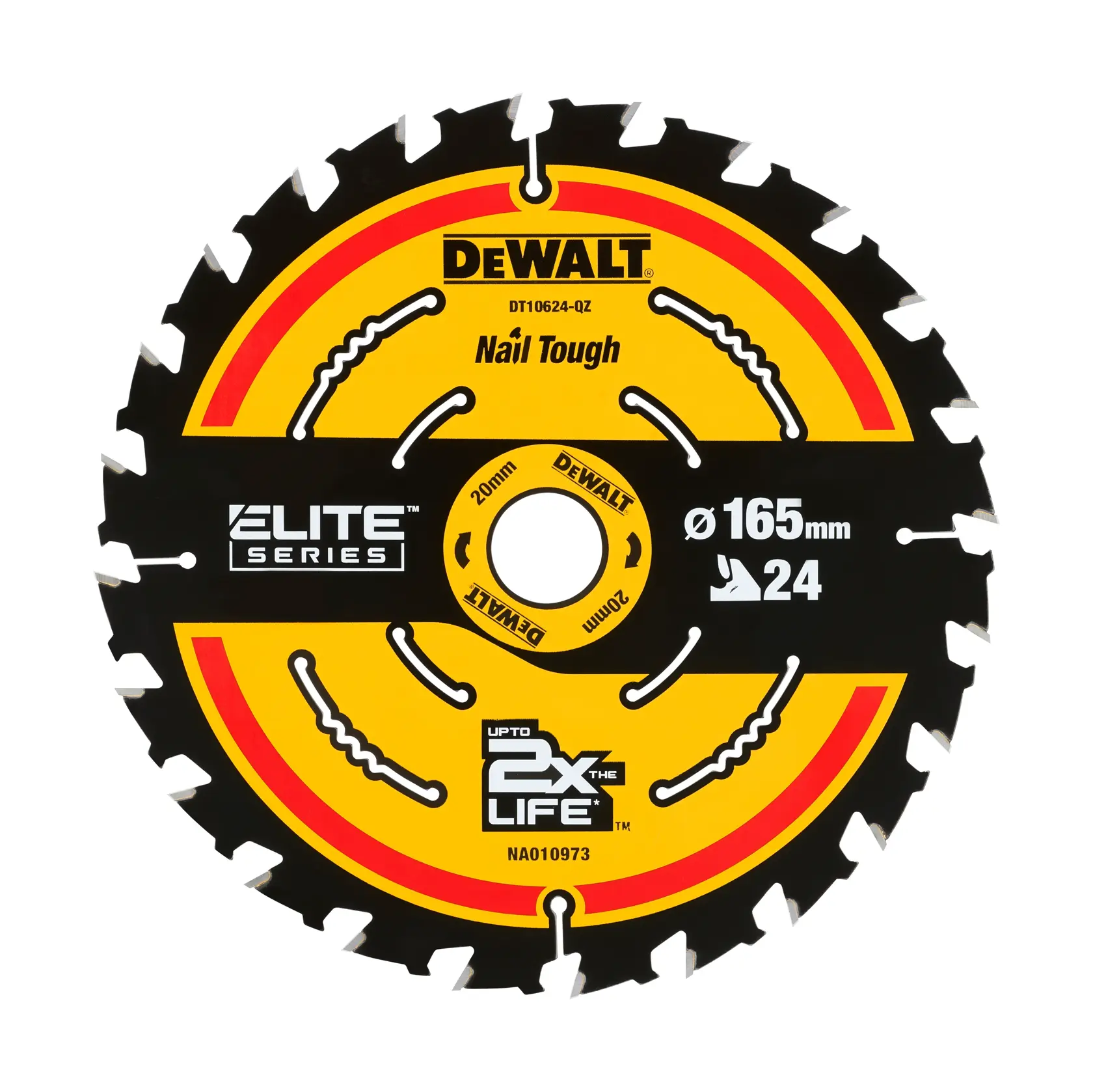 DEWALT Elite Series lama circolare 165mm, 24 denti, resistente ai chiodi, giallo e nero.