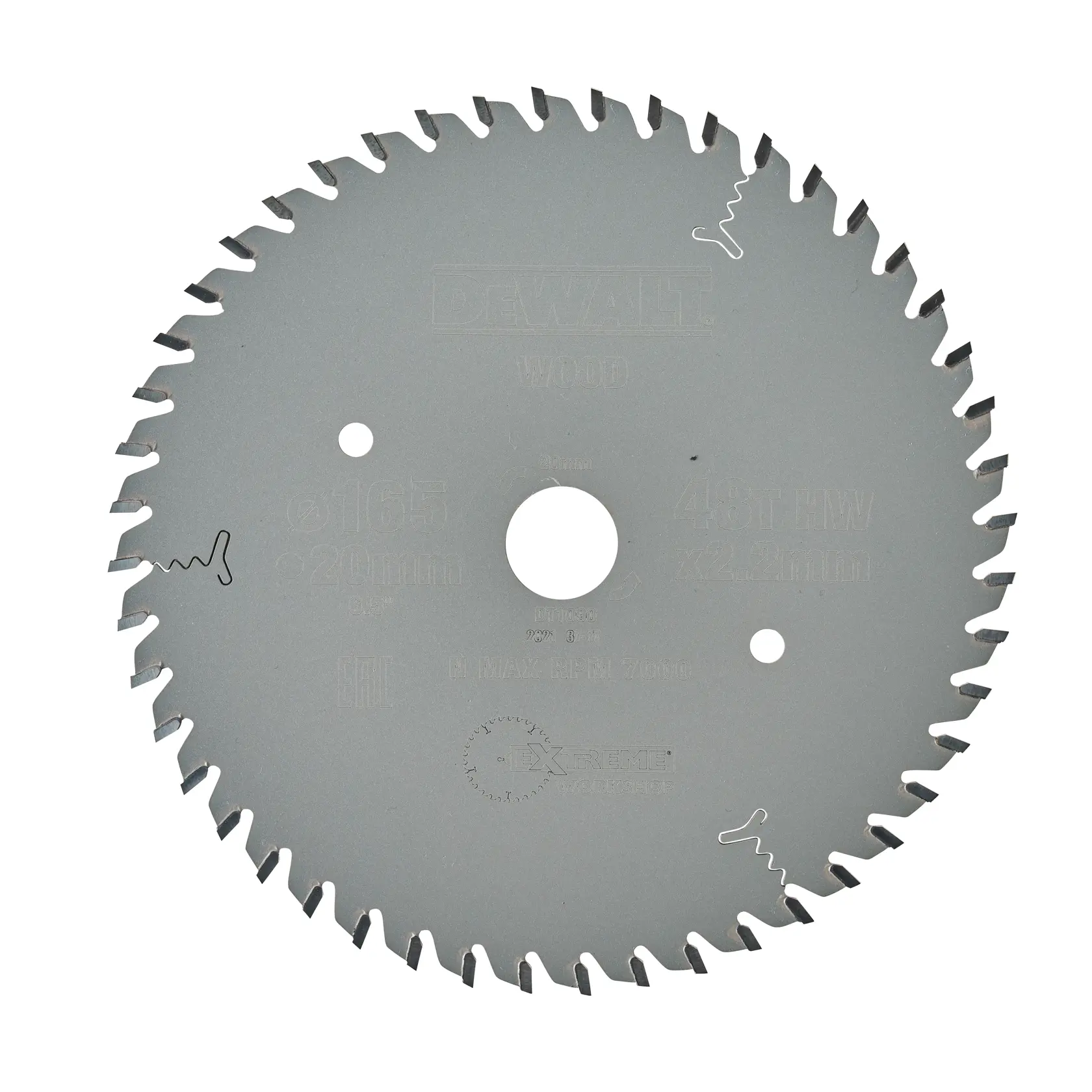 Lama circolare DEWALT DT1090 per legno, colore argento, con denti e foro centrale.