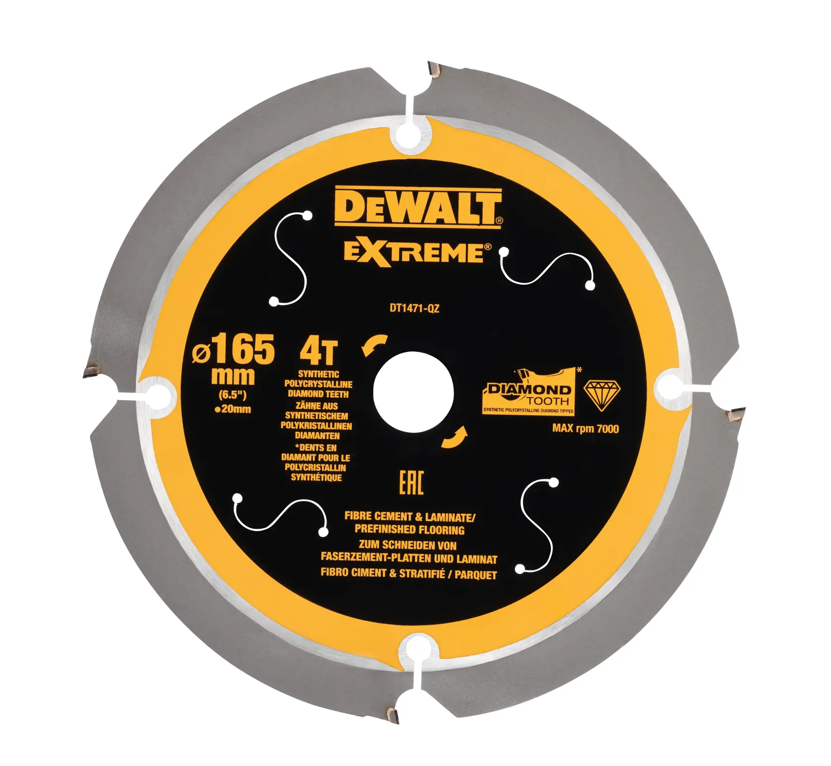 Lama circolare DEWALT EXTREME, modello DT1471, diametro 165 mm con 4 denti sintetici in diamante policristallino, progettata per il taglio di fibrocemento e laminato. La lama è nera e gialla con le specifiche stampate.