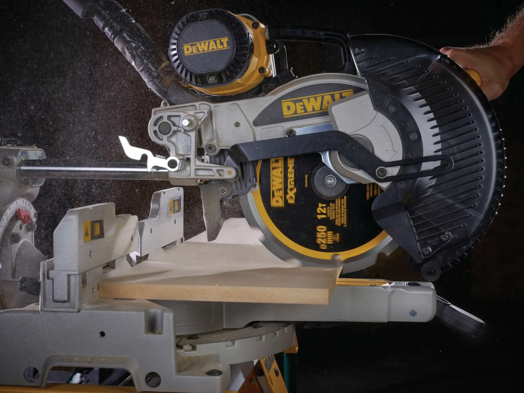 Graphic showing DEWALT XTREME Sub-Compact Series branding with the slogan 'Compact and Performance Packed' on a yellow background.