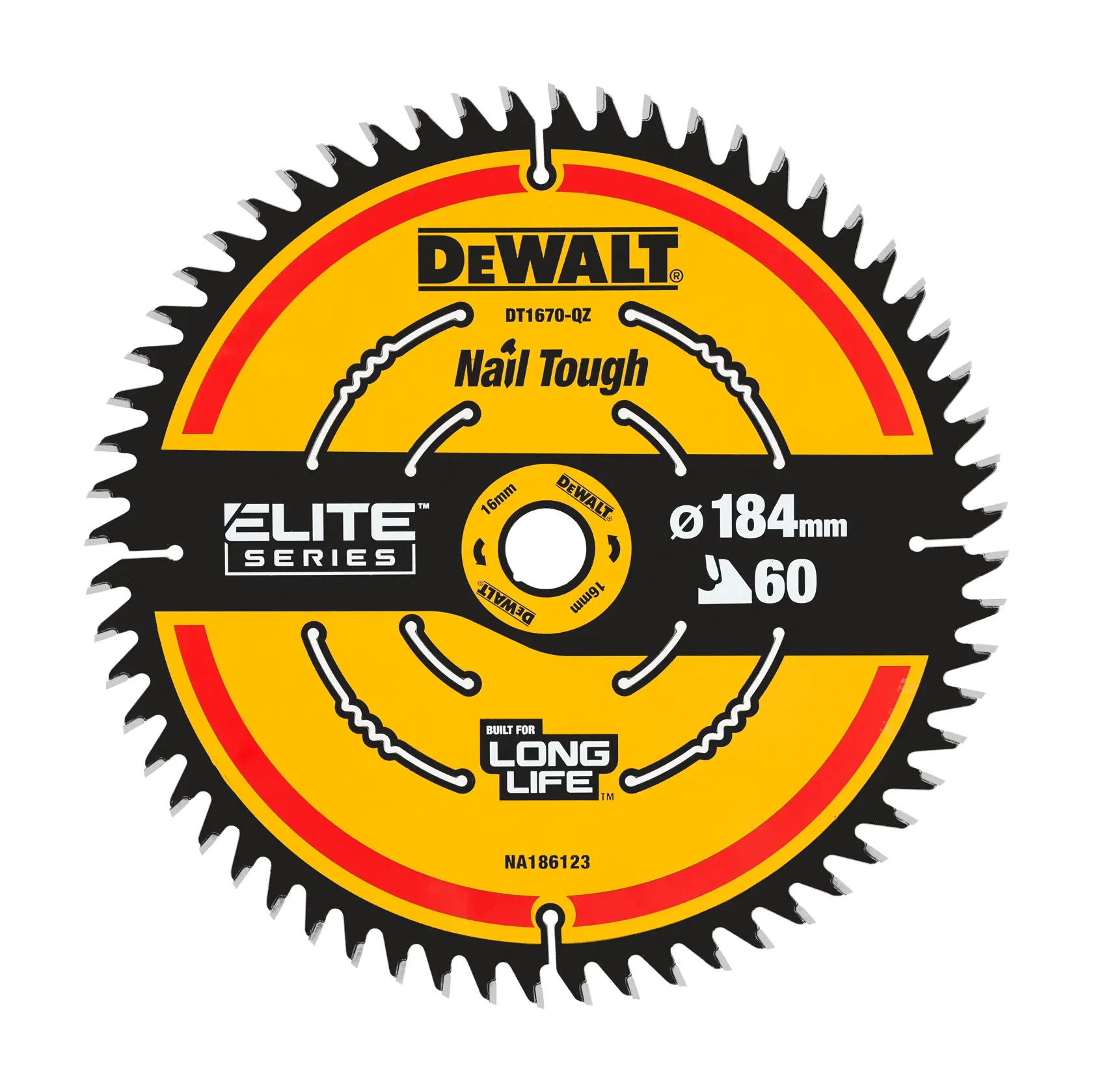 Lama per sega circolare DEWALT DT1670 Elite Series 184mm, 60 denti, resistente e durevole.