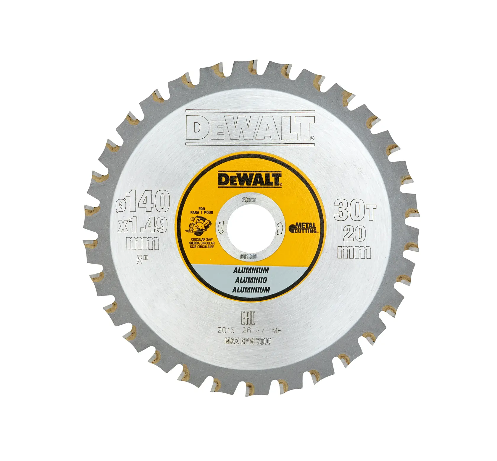 Lama per sega circolare DEWALT DT1910 per alluminio, 140 mm 30T, argento e giallo, su sfondo bianco.