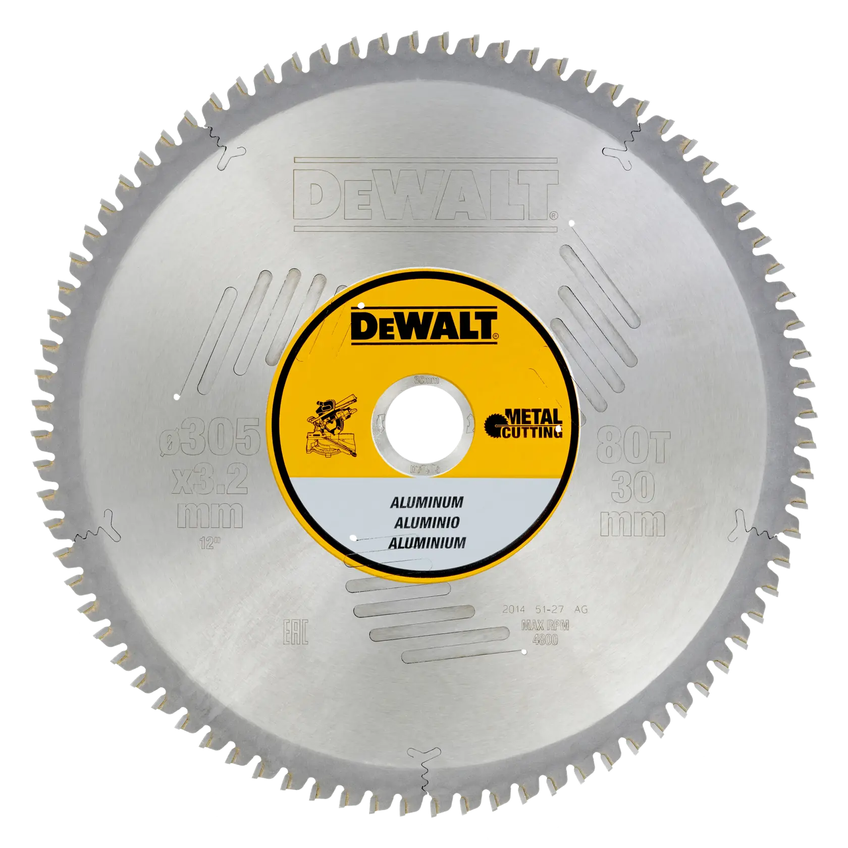 Disco DEWALT per taglio metallo, diametro 305 mm, 80 denti, adatto per alluminio.