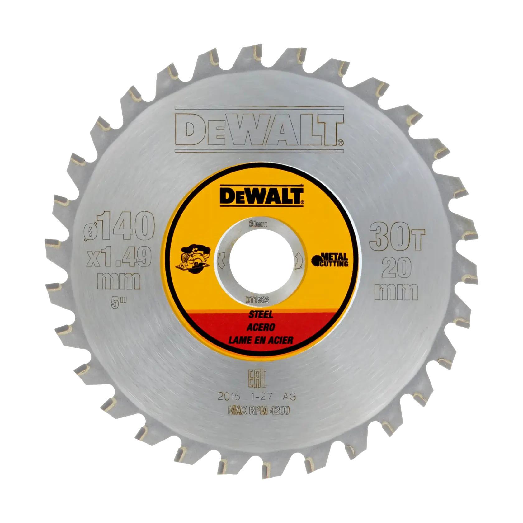 Lama per sega DEWALT DT1923 in acciaio, 140mm, 30 denti, ideale per taglio metallo.