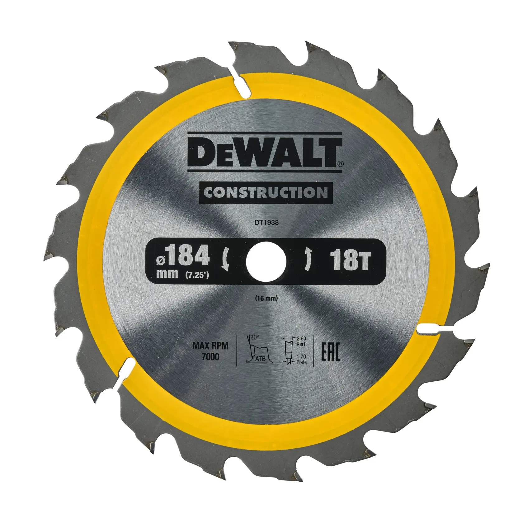 Lama circolare DEWALT DT1938, diametro 184 mm, 18 denti, argento con anello giallo per costruzione.