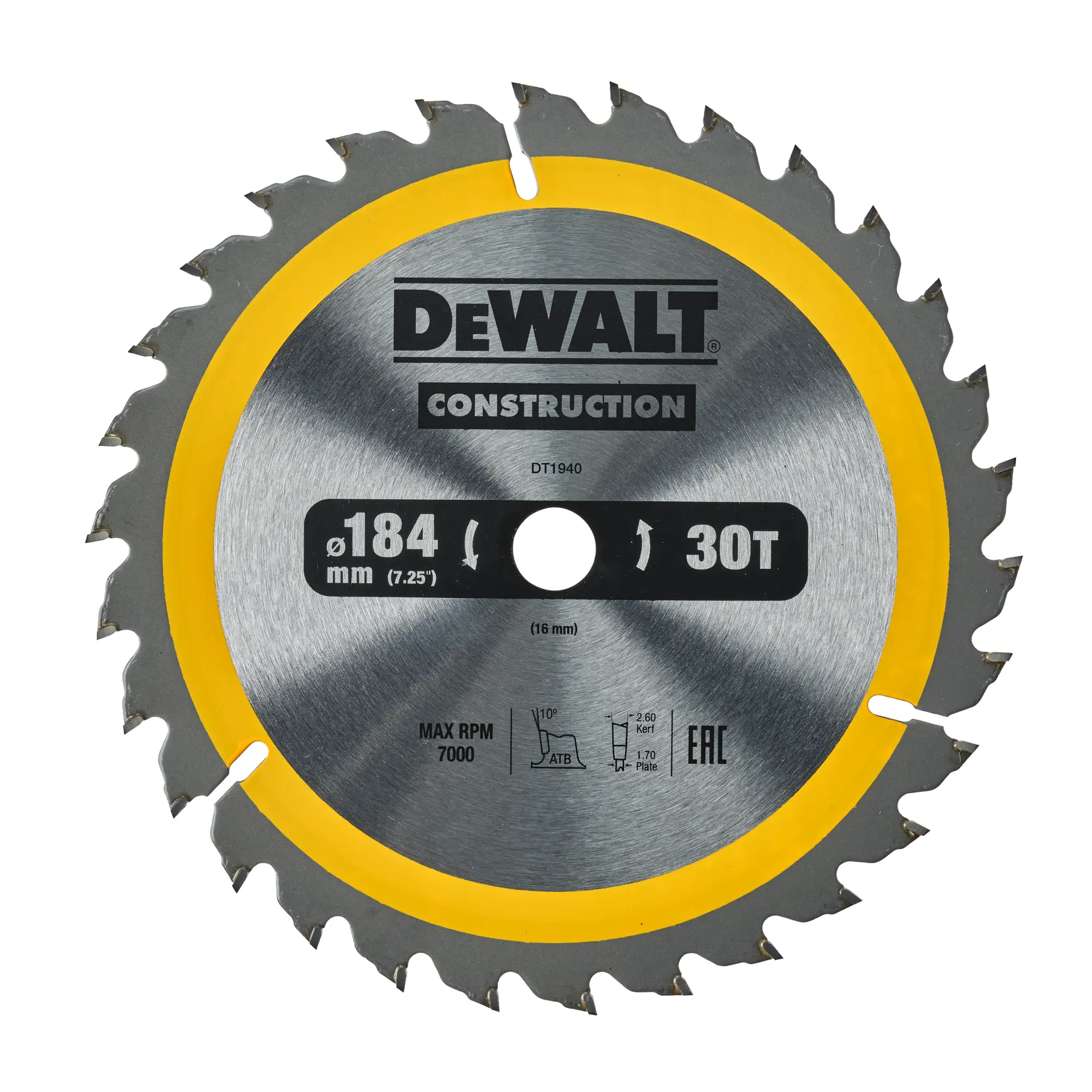 Disco per sega circolare DEWALT DT1940, 184mm, 30 denti, argento e giallo.
