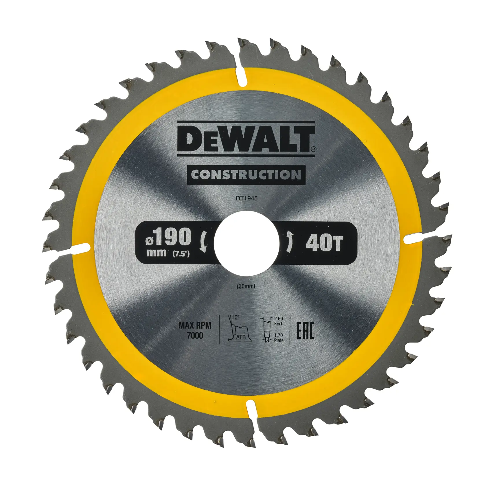 Lama circolare DEWALT DT1945, diametro 190mm, 40 denti, argento con anello giallo, per costruzioni.