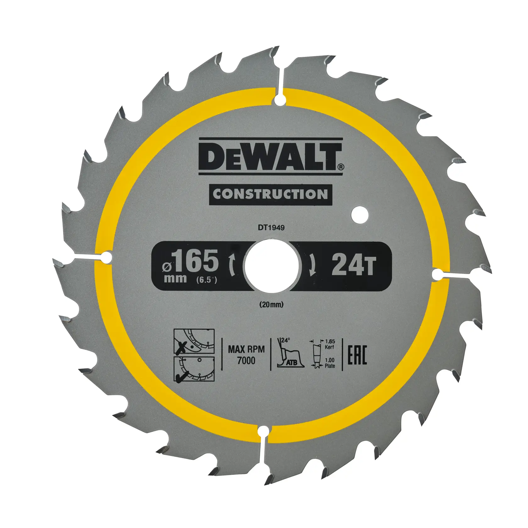 Lama circolare DEWALT Construction, modello DT1949, con 24 denti e un diametro di 165 mm. La lama è grigia con un anello giallo e le specifiche del prodotto sono stampate sulla superficie.