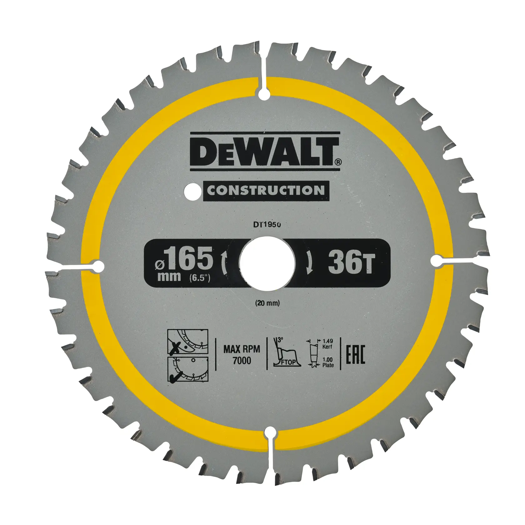 Disco per sega circolare DEWALT DT1950, 36 denti, diametro 165 mm, per lavori di costruzione.