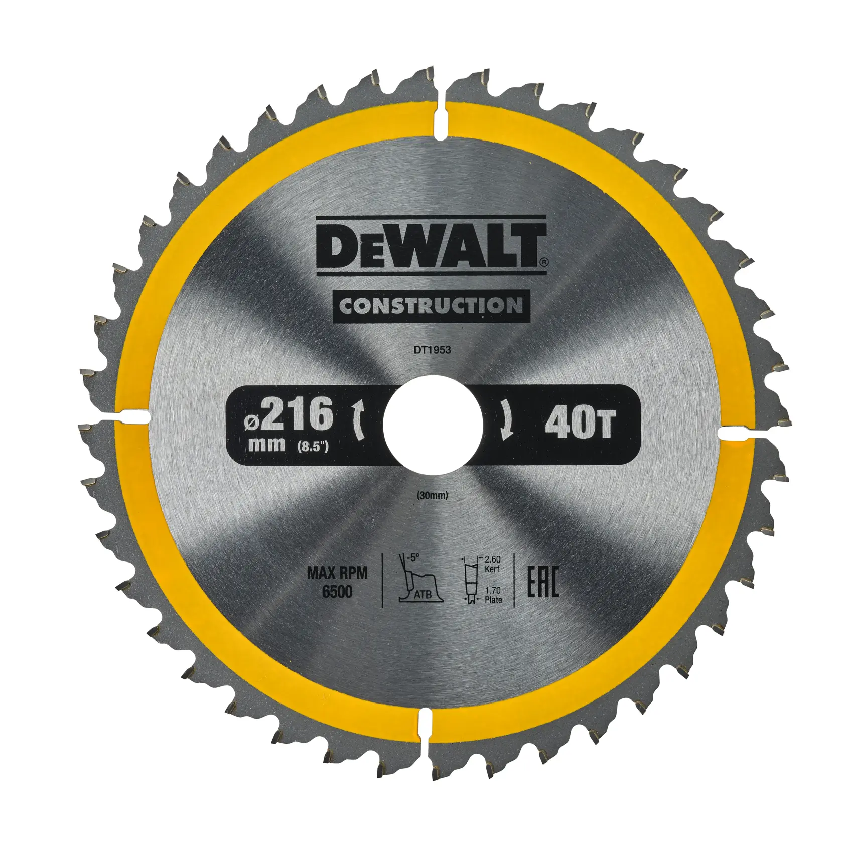 Lama per sega circolare DEWALT, modello DT1953, con diametro di 216 mm e 40 denti. La lama è in acciaio con bordo giallo e riporta marcature per uso in costruzioni.