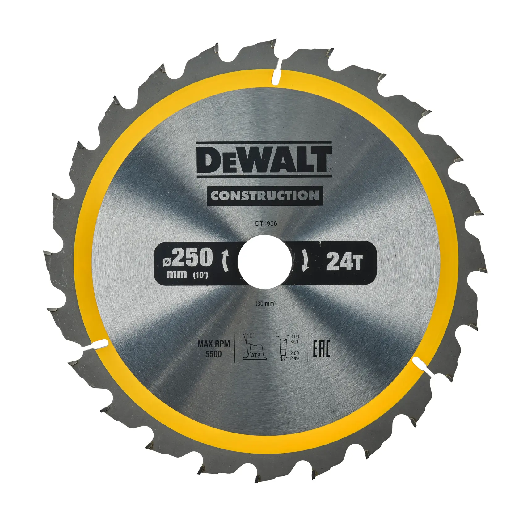 Una lama per sega circolare DEWALT, modello DT1956, progettata per uso in costruzione. La lama è metallica con bordo giallo, ha 24 denti, un diametro di 250 mm (10 pollici) e altre specifiche stampate sulla lama.