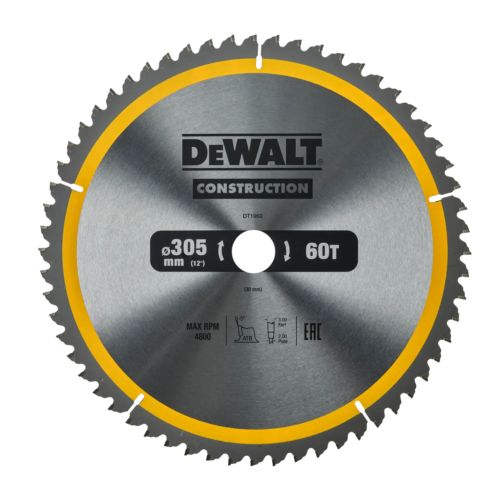 Lama per sega circolare da costruzione DEWALT DT1960, diametro 305 mm, 60 denti, colore argento con bordo giallo.