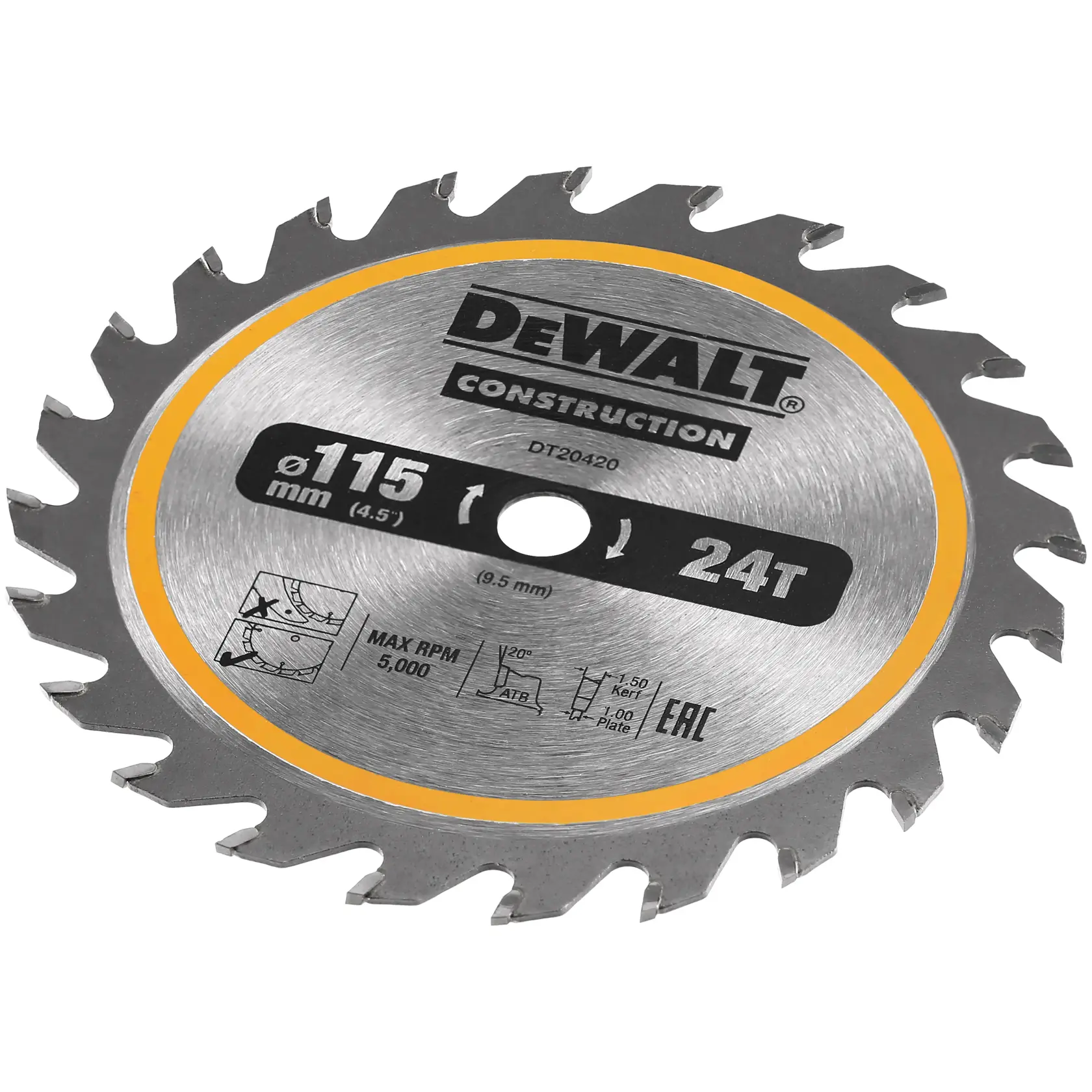 Lama circolare DEWALT 115mm 24T per edilizia, DT20420, massimo 5.000 RPM.