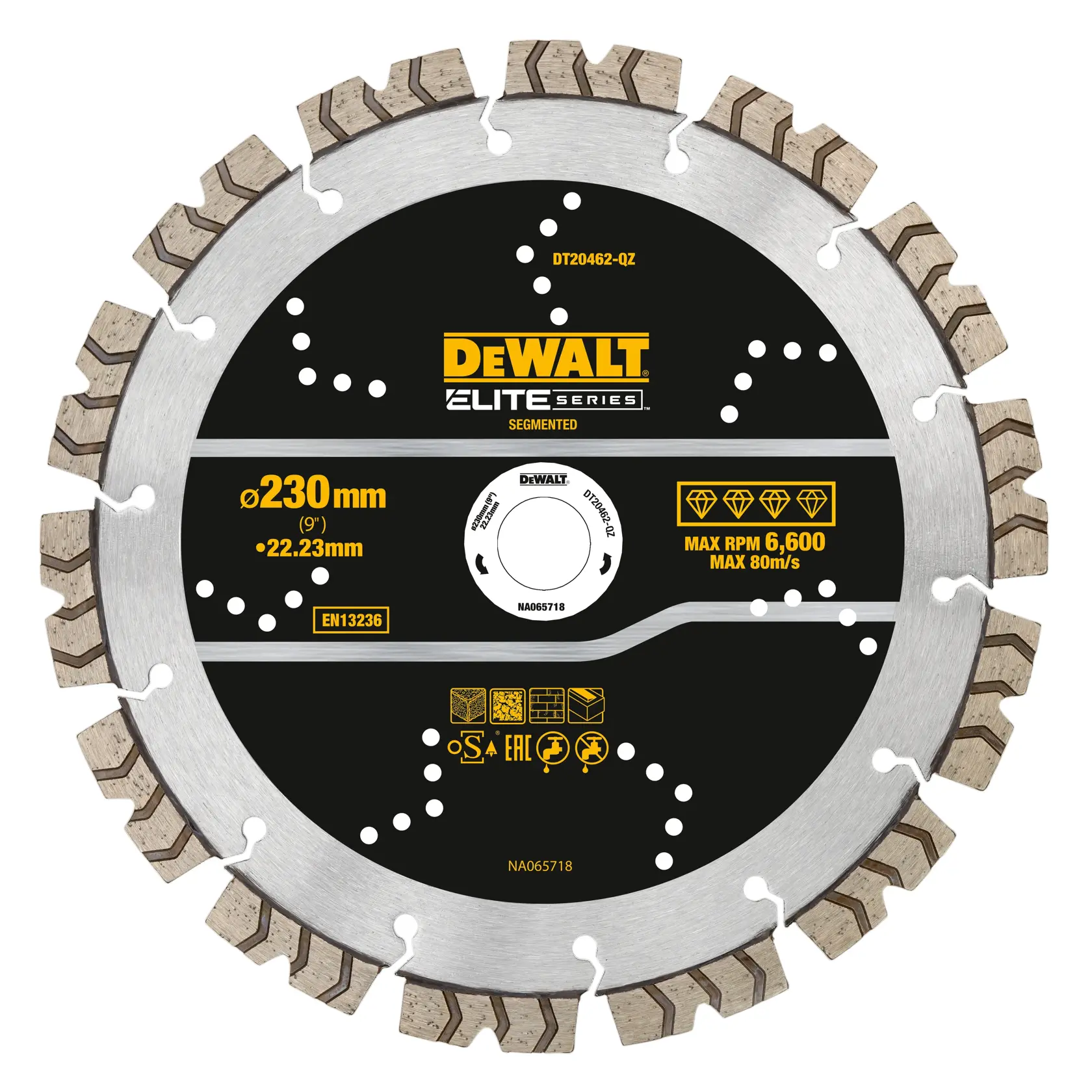 Disco diamantato segmentato DEWALT Elite Series, 230mm, per taglio, modello DT20462-QZ.