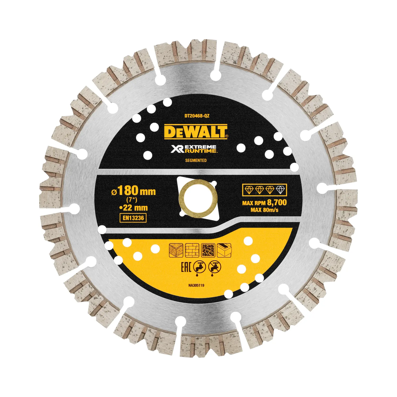 Disco diamantato segmentato DEWALT DT20468 per taglio, diametro 180 mm, serie Extreme Runtime.