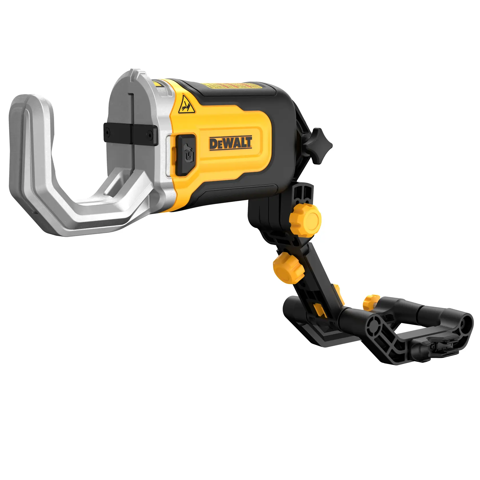 Accessorio fotografico DEWALT DT20560, dotato di un braccio di montaggio regolabile giallo e nero e una grande graffa metallica, progettato per tenere oggetti in modo sicuro durante le attività fotografiche.