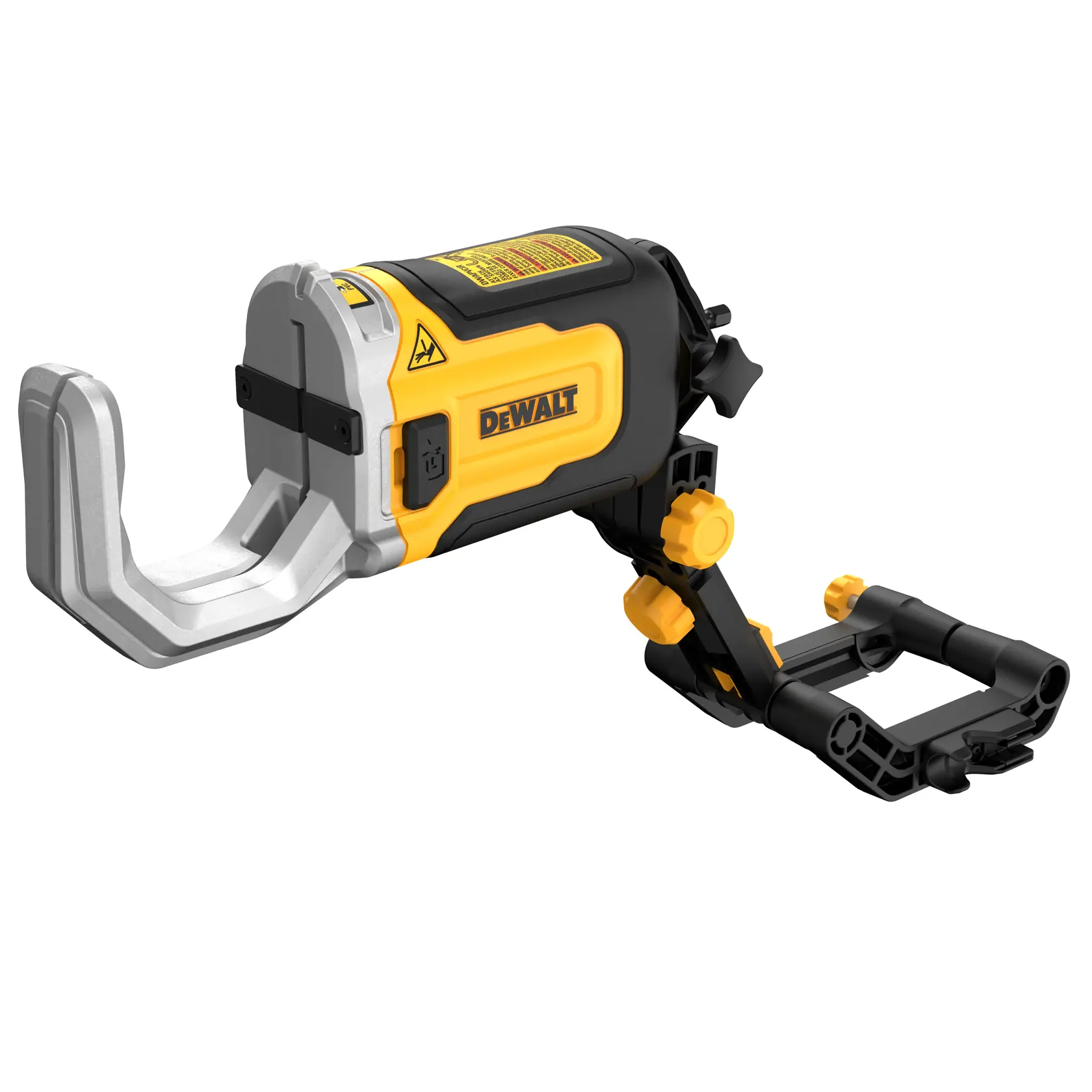Accessorio fotografico DEWALT DT20560 con morsetto e bracci regolabili, design nero e giallo, prodotto mostrato su sfondo bianco.