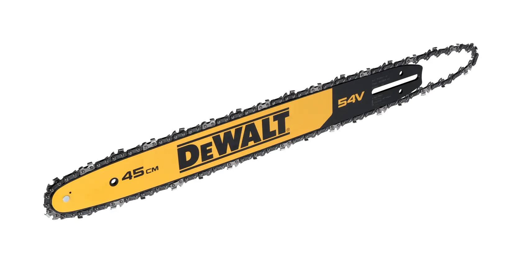 Barra per motosega DEWALT 45cm 54V con catena, gialla e nera, per utensili elettrici.