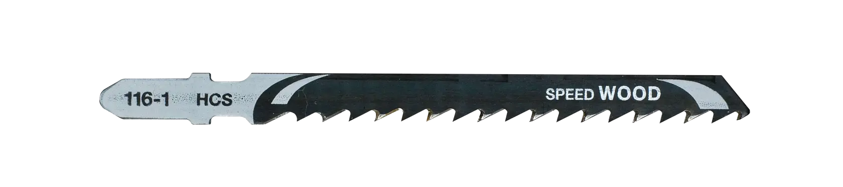 Una lama per seghetto DEWALT DT2166 per il taglio del legno, mostrata su sfondo bianco. La lama ha denti affilati e angolati ed è contrassegnata con '116-1 HCS' e 'Speed Wood'.