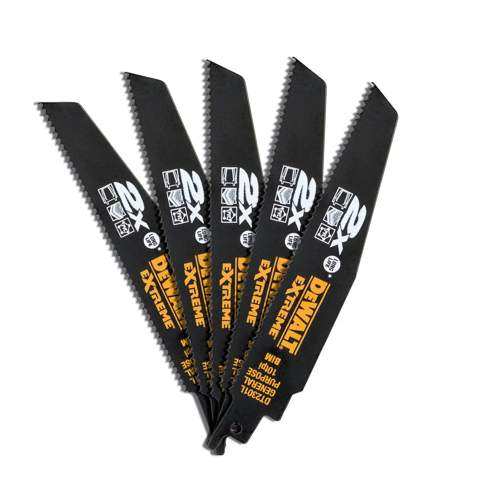 Set di cinque lame da taglio DEWALT DT2301L nere e gialle, aperte a ventaglio.