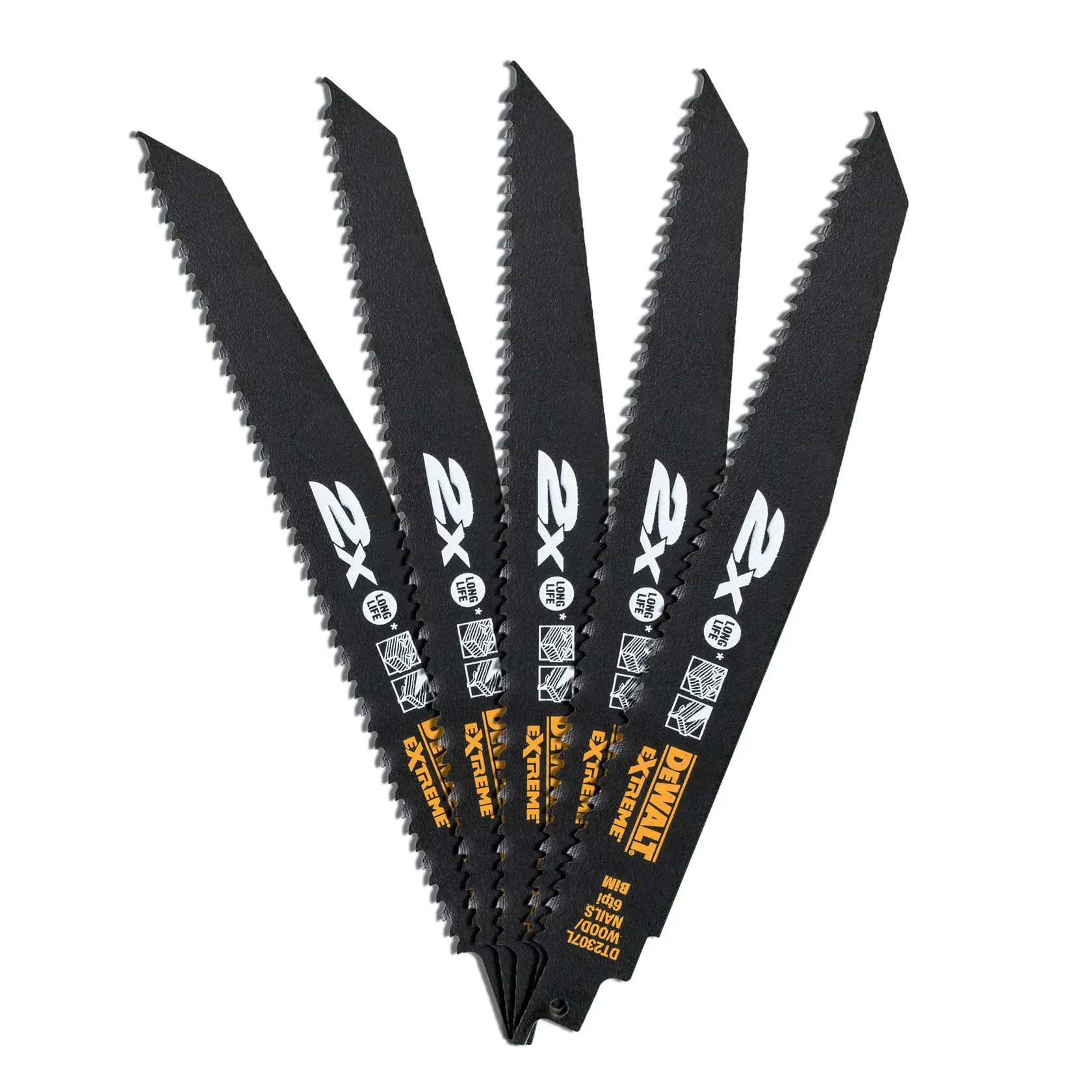 Cinque lame DEWALT DT2307L per seghetto alternativo nere, disposte a ventaglio su sfondo bianco.