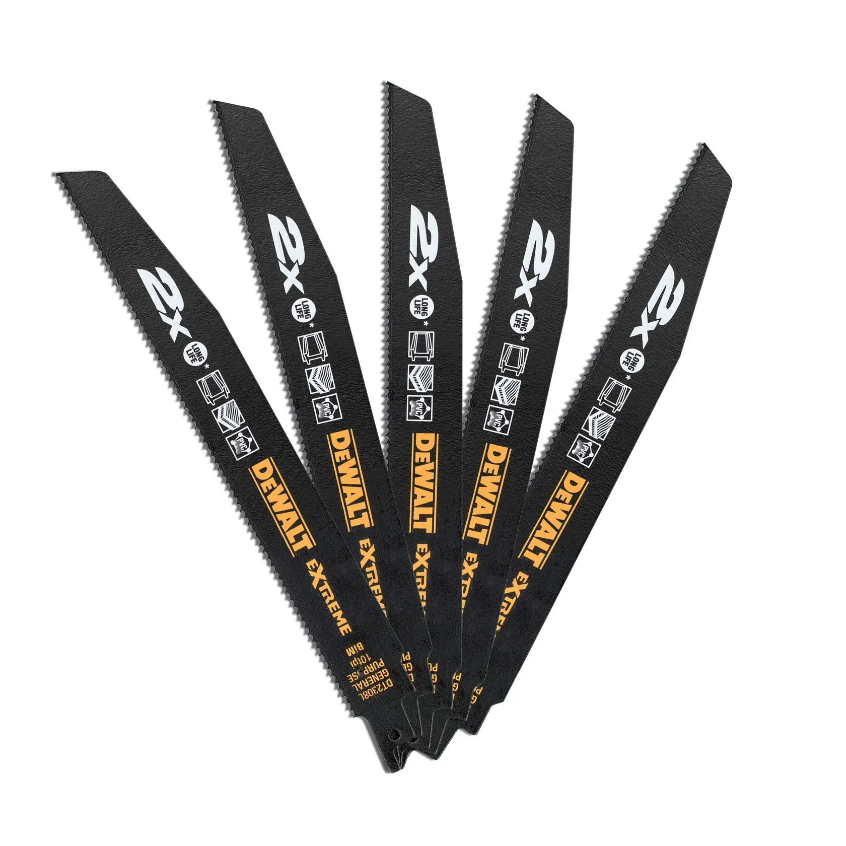 Cinque lame nere DEWALT DT2308L per seghetto alternativo aperte a ventaglio con loghi e icone di taglio.