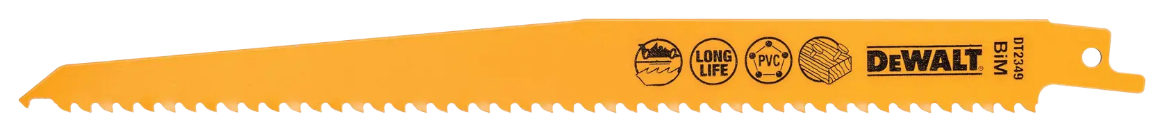 Una lama da sega a gattuccio gialla DEWALT DT2349 BIM con denti affilati, progettata per tagliare materiali come legno e PVC. La lama presenta icone che indicano durata, lunga vita e compatibilità con vari materiali.