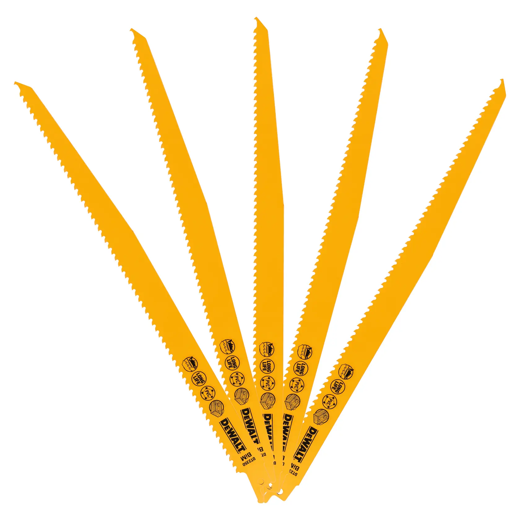 Five yellow DEWALT reciprocating saw blades with printed icons and text, arranged in a fan shape.
