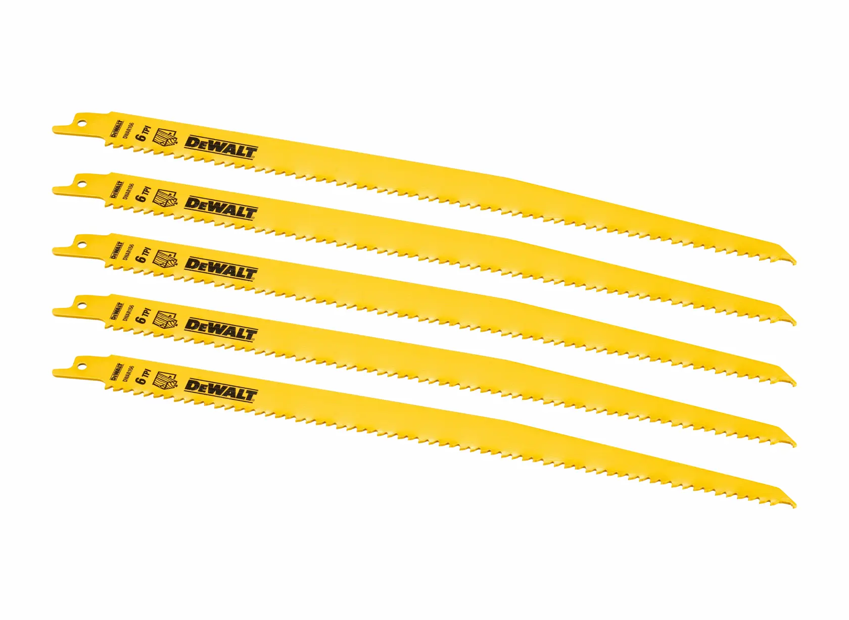 Five yellow DEWALT reciprocating saw blades displayed in a row, each with sharp teeth and branded labels.